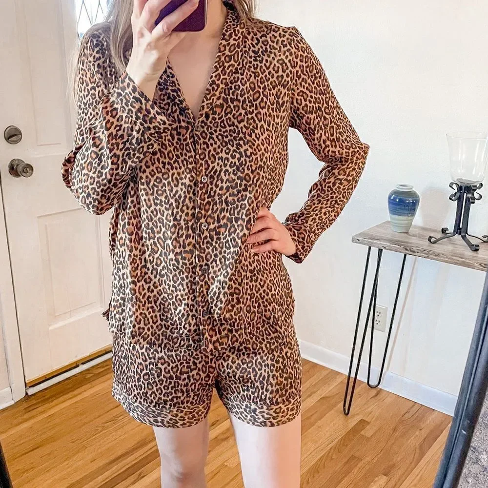 Something Navy Leopard Satin Pajama Short Set S